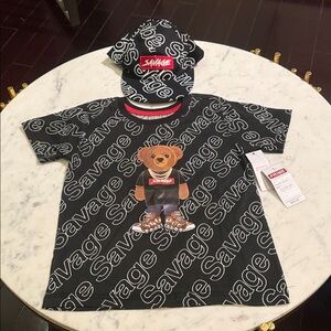 Salvage Black Tee with Bear and Logo Design